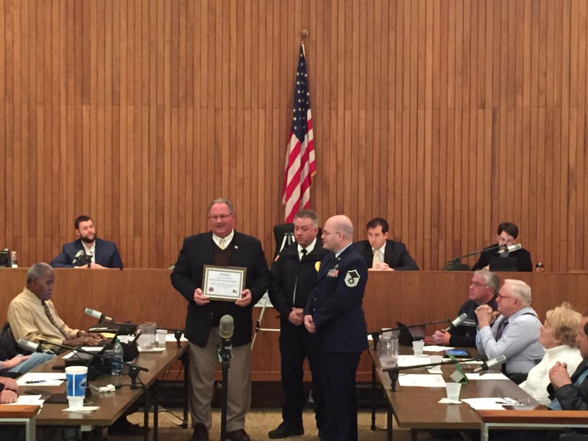 U.S. Air Force Master Sgt Timothy Yablonsky, 15th Weather Squadron Standards and Evaluations NCO-in-charge, is recognized Feb. 16, 2016 at a Belleville City Council Meeting. Yablonsky saved residents of a local home from a fire. (Courtesy photo)
