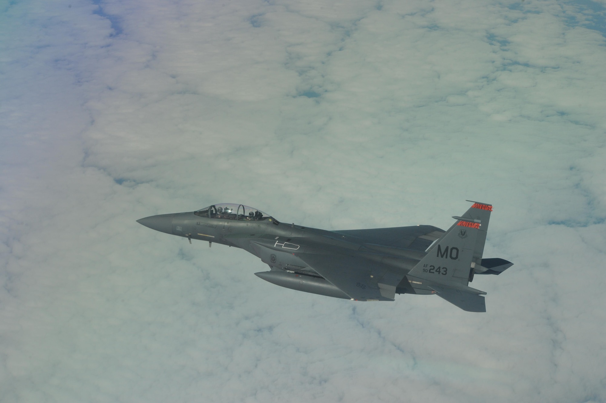 An F-15E Strike Eagle flies in formation during the exercise Combat Archer and Hammer at Tyndall AFB, Florida. During the exercise members of the 389th Fighter Squadron flew more than 230 sorties. (Courtesy Photo)