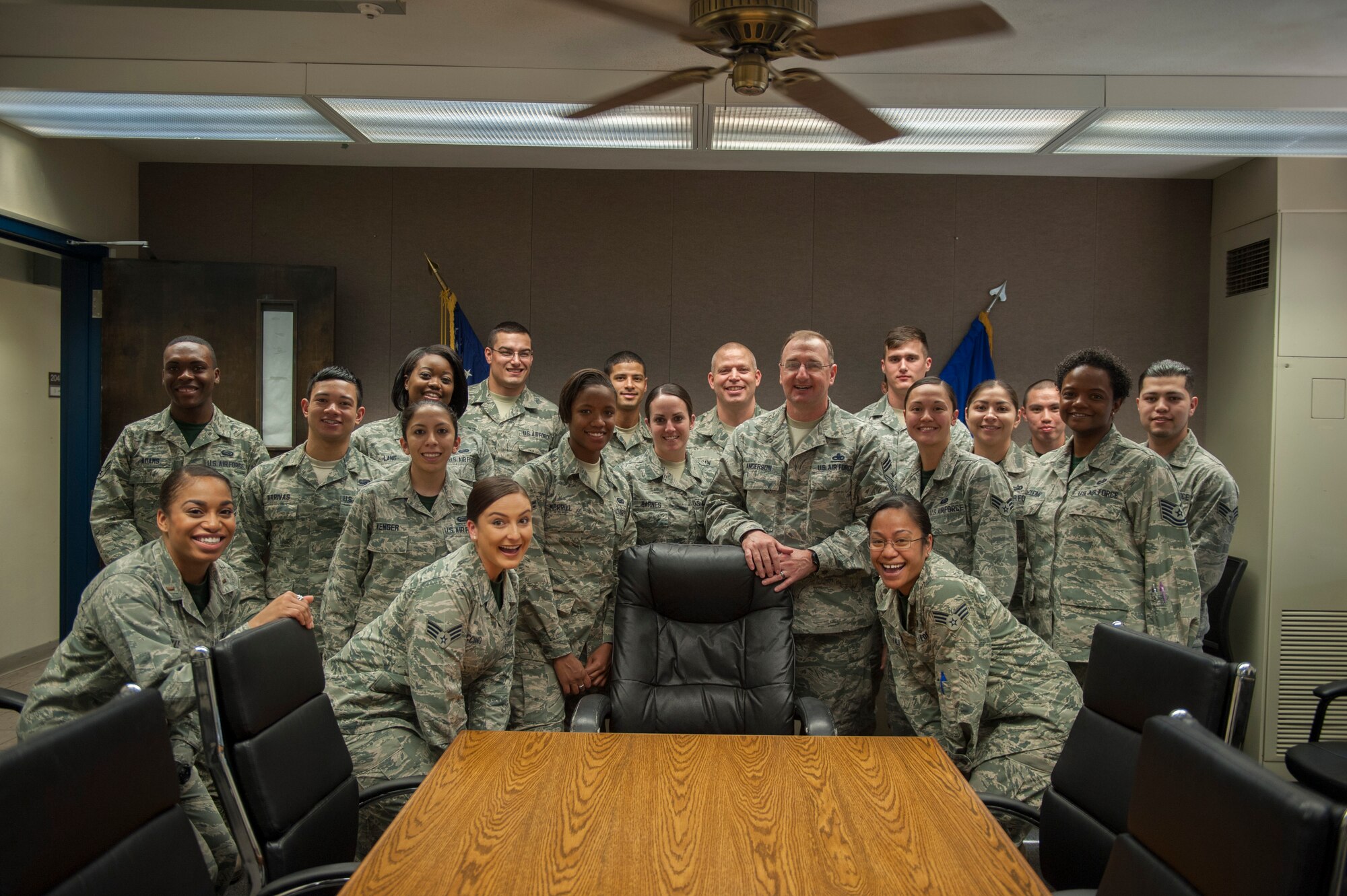 U.S. Air Force Chief Master Sgt. Marty Anderson stands with members of the 7th Force Support Squadron Feb. 12, 2016, at Dyess Air Force Base, Texas. The 7th FSS is responsible for all base facilities, support, readiness and logistics functions. (U.S. Air Force photo by Airman Quay Drawdy/ Released)