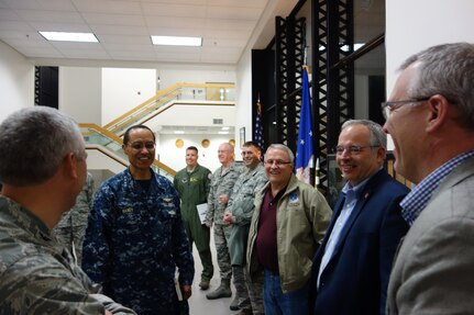 U.S. Navy Adm. Cecil D. Haney (left), U.S. Strategic Command (USSTRATCOM) commander, speaks to North Dakota State Sen. Randy A. Burkhard (third from right), Minot, N.D., Mayor Chuck Barney (second from right), American Bank Center Minot Market President John Knect (right) and other attendees who were on-hand to watch an unarmed Minuteman III intercontinental ballistic missile (ICBM) test launch during Haneyâ€™s visit to Vandenberg Air Force Base, Calif., Feb. 25, 2016. The 91st Missile Wing at Minot Air Force Base, N.D., and the 625th Strategic Operations Squadron at Offutt AFB, Neb., conducted the launch with the support of the 576th Flight Test Squadron at Vandenberg AFB. Strategic weapons tests support USSTRATCOMâ€™s strategic deterrence mission by verifying the accuracy and reliability of the ICBM weapon system, and provide valuable data to ensure a continued safe, secure, effective and ready nuclear deterrent. The ICBM community, including the Department of Defense, the Department of Energy and USSTRATCOM, will use the data collected from this mission for force development. One of nine DoD unified combatant commands, USSTRATCOM has global strategic missions, assigned through the Unified Command Plan, which include strategic deterrence; space operations; cyberspace operations; joint electronic warfare; global strike; missile defense; intelligence, surveillance and reconnaissance; combating weapons of mass destruction; and analysis and targeting. (USSTRATCOM photo by U.S. Navy Capt. Pamela S. Kunze)