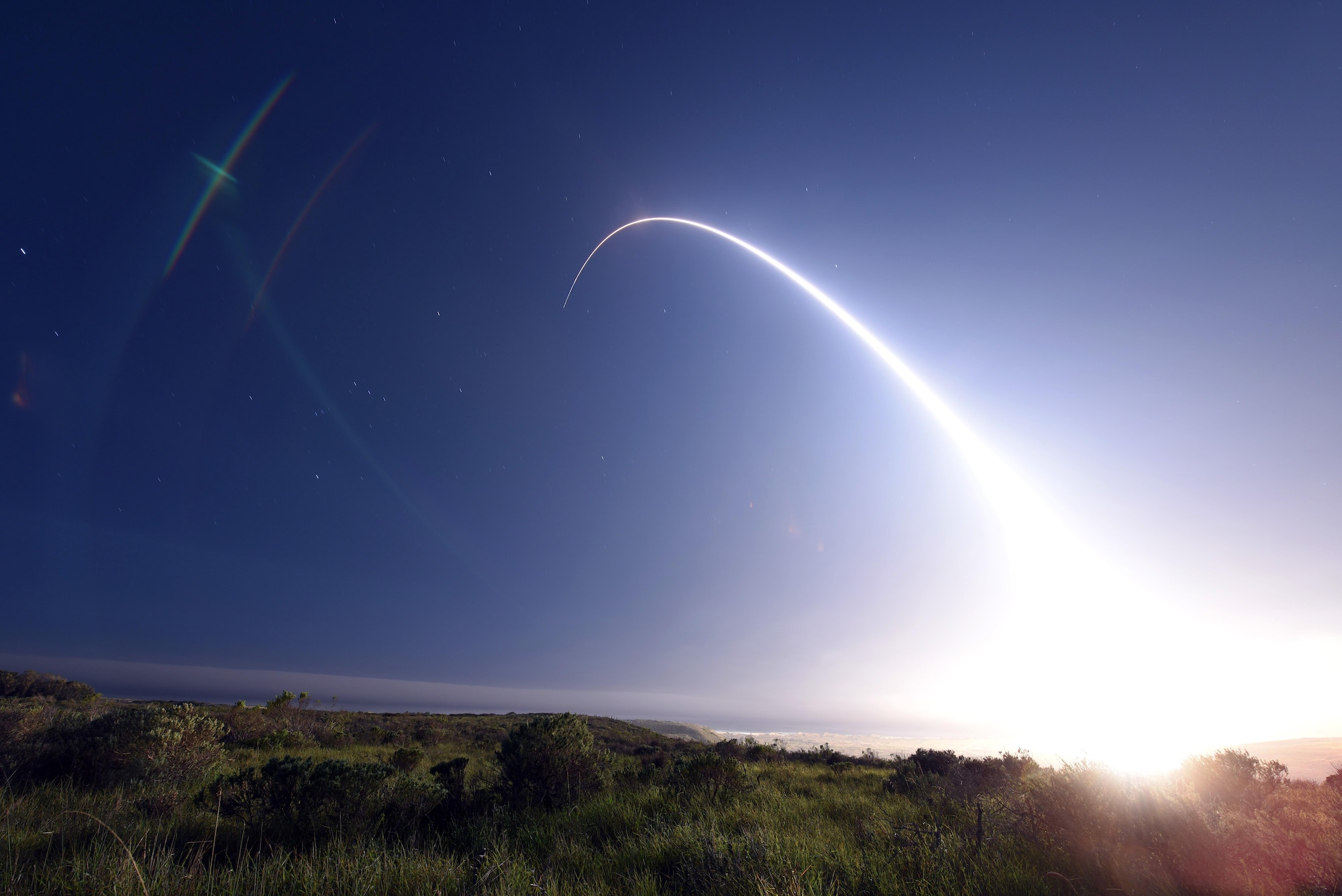 An unarmed Minuteman III intercontinental ballistic missile launches during an operational test at 11:01 p.m. Thursday, Feb. 25, 2016, Vandenberg Air Force Base, Calif. (U.S. Air Force photo by Senior Airman Kyla Gifford/Released) 