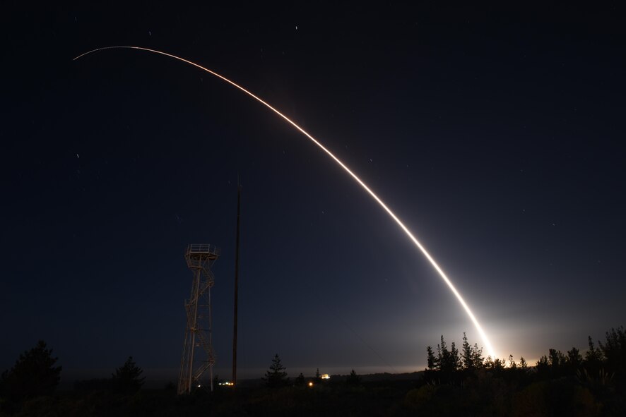 An unarmed Minuteman III intercontinental ballistic missile launches during an operational test at 11:01 p.m. Thursday, Feb. 25, 2016, Vandenberg Air Force Base, Calif. (U.S. Air Force photo by Airman 1st Class Ian Dudley/Released) 