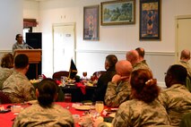 U.S. Air Force Lt. Col. Renee Daye, 8th Medical Group deputy commander gives a speech during the Black History Month luncheon at Kunsan Air Base, Republic of Korea, Feb. 24, 2016. Daye spoke on the importance of leadership and explained how mission accomplishment and courage have no physical characteristics. (U.S. Air Force photo by Senior Airman Ashley L. Gardner/Released)
