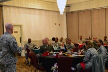U.S. Air Force Chief Master Sgt. Daniel Simpson, 8th Fighter Wing command chief gives closing remarks during the Black History Month luncheon at Kunsan Air Base, Republic of Korea, Feb. 24, 2016. Simpson spoke on the importance of diversity in growth as his closing remarks. (U.S. Air Force photo by Senior Airman Ashley L. Gardner/Released)