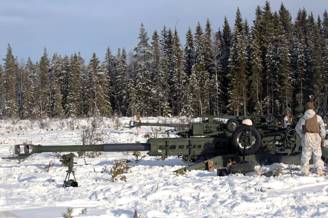 Marines with Combined Arms Company prepare their M777 Howitzers for a live-fire shoot in Rena, Norway, Feb. 23, 2016, in preparation for Exercise Cold Response 16. The exercise will include 12 NATO allies and partner nations, and approximately 16,000 troops. The Marines will provide indirect fire support for infantry units during the exercise.