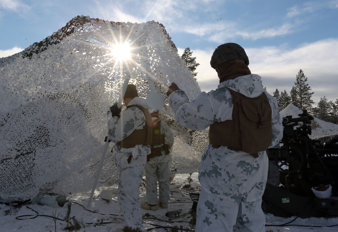 Marines with Combined Arms Company, camouflage their trucks before a live-fire shoot in Rena, Norway, Feb. 23, 2016, in preparation for Exercise Cold Response 16. The exercise will include 12 NATO allies and partner nations, and approximately 16,000 troops. The Marines will provide indirect-fire support for infantry units during the exercise.