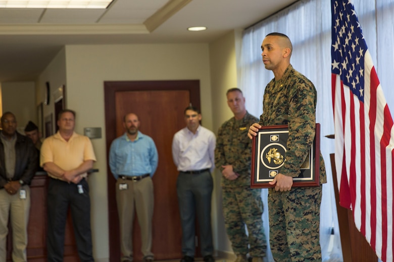 Maj. Eduardo Pinales speaks to Marines after receiving federal accreditation aboard Marine Corps Air Station Beaufort Feb. 18. In order to be eligible for accreditation the Provost Marshal’s Office had to meet or exceed the specified curriculum, which is comprised of a series of basic criteria drafted from accreditation programs of larger municipal police forces. Pinales is the Provost Marshal for MCAS Beaufort.
