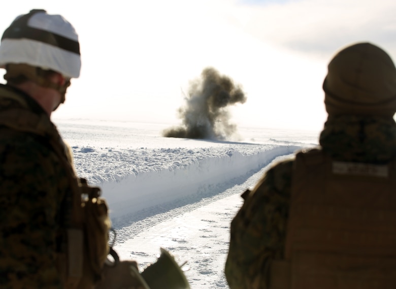 Marines with 2nd Explosive Ordnance Disposal Company, Combat Logistics Battalion 252 watch an explosion in Rena, Norway, Feb. 22, 2016, in preparation for Exercise Cold Response 16. The EOD Marines tested the effects of various amounts of explosives in the snow in preparation for Exercise Cold Response 2016.The exercise will include 12 NATO allies and partner nations, and approximately 16,000 troops. Marines will train alongside the Norwegian EOD to see how they operate in order to become more proficient at working with each other in the future.