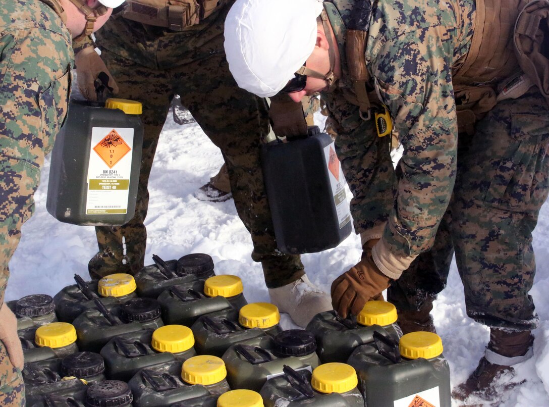 Marines with 2nd Explosive Ordnance Disposal Company, Combat Logistics Battalion 252 prepare explosives for detonation in Rena, Norway, Feb. 22, 2016, in preparation for Exercise Cold Response 16. The exercise will include 12 NATO allies and partner nations, and approximately 16,000 troops. Marines will train alongside Norwegian EOD specialists to see how they operate in order to become more proficient at working with each other in the future.