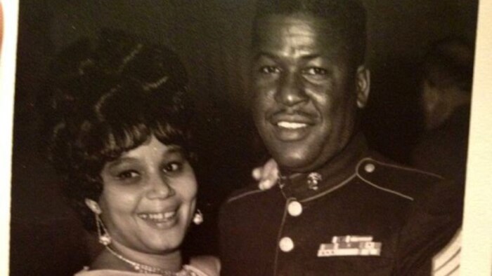 Mamie Wilson-Collins and Willie Collins pose together at an unknown location and date. Willie's story of his 21-year-enlistment will live on due to the recently published 52 page biography titled: Top, A Proud Marine: The story of Master Sgt. Willie L. Collins. 