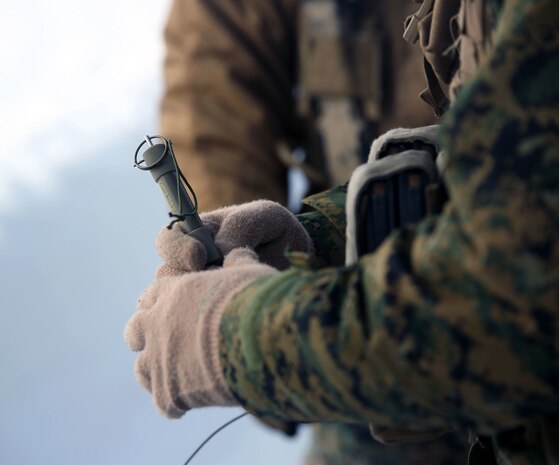 A Marine with 2nd Explosive Ordnance Disposal Company, Combat Logistics Battalion 252 prepares to detonate explosives in Rena, Norway, Feb. 22, 2016, in preparation for Exercise Cold Response 16. The exercise will include 12 NATO allies and partner nations, and approximately 16,000 troops. Marines will train alongside the Norwegian EOD to see how they operate in order to become more proficient at working with each other in the future.