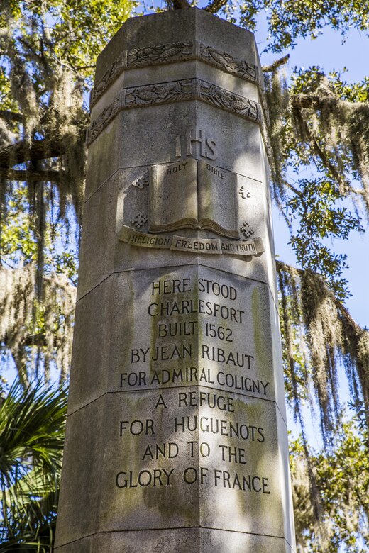 A monument marks the site where Charlesfort once stood. The deep and natural harbor of Port Royal Sound first attracted the French, who established Charlesfort in 1562. The French abandoned Charlesfort in less than a year. The Spanish, eager to stake their claim to La Florida, quickly established a garrison in St. Augustine and a permanent settlement in 1566 at Santa Elena, building on the abandoned French fort site. Marines and local volunteers transported historical articles to the Santa Elena History Center in downtown Beaufort Feb. 18. The articles are part of a Santa Elena historical exhibition, a 16th century Spanish settlement once located in present-day Marine Corps Recruit Depot, Parris Island. The Santa Elena Foundation plans to display the exhibition in the Parris Island Museum in the near future.