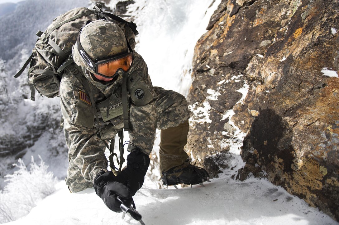 Army Sgt. Ryan Hawley climbs the mountain at Smugglers’ Notch in Jeffersonville, Vt., Feb. 18, 2016. Hawley is assigned to the Colorado National Guard’s 1st Battalion, 157th Infantry Regiment. Vermont Army National Guard photo by Staff Sgt. Nathan Rivard
