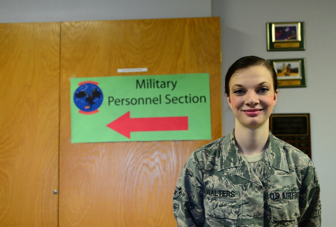 U.S. Air Force Airman 1st Class Chelsea Walters, a 354th Force Support Squadron customer service apprentice, takes a brief break, Feb. 25, 2016, at Eielson Air Force Base, Alaska. Walters said her favorite part of her job is getting to help Airmen with any issue they come across. (U.S. Air Force photo by Airman 1st Class Cassandra Whitman/Released)