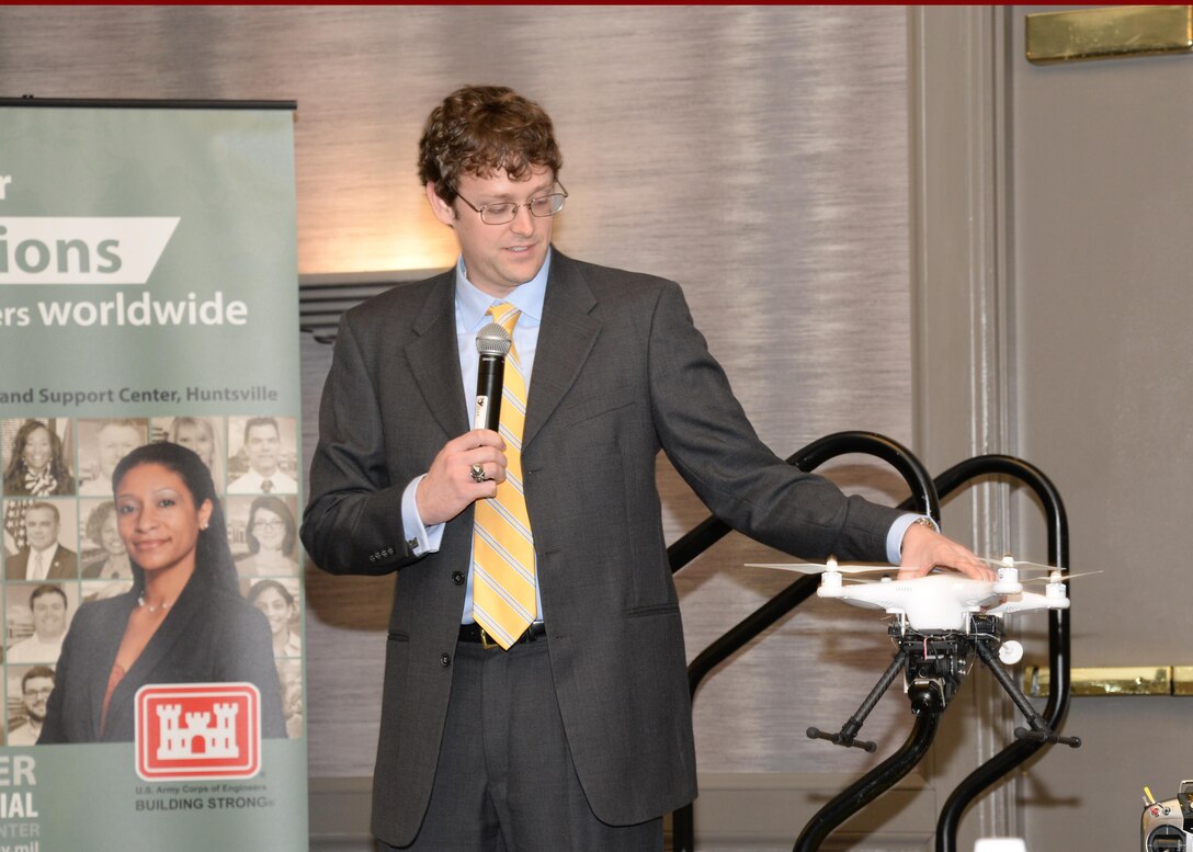 Brian Spear, Engineering Directorate site development civil engineer, discusses the merits of the sUAS with educators throughout Alabama during the Alabama Community Education Association’s annual conference at the Huntsville Marriott Feb. 25. 