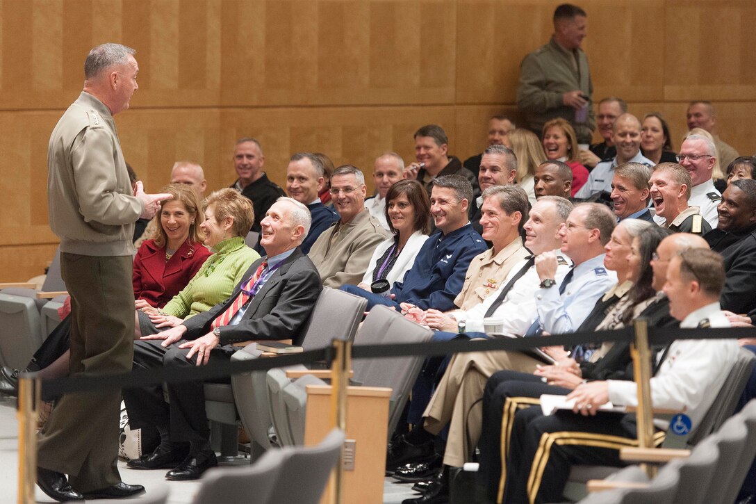 Marine Corps Gen. Joseph F. Dunford Jr., chairman of the Joint Chiefs of Staff, speaks to students and spouses taking a National Defense University Capstone course on Fort McNair in Washington, D.C., Feb. 26, 2016. Navy photo by Petty Officer 2nd Class Dominique Pineiro