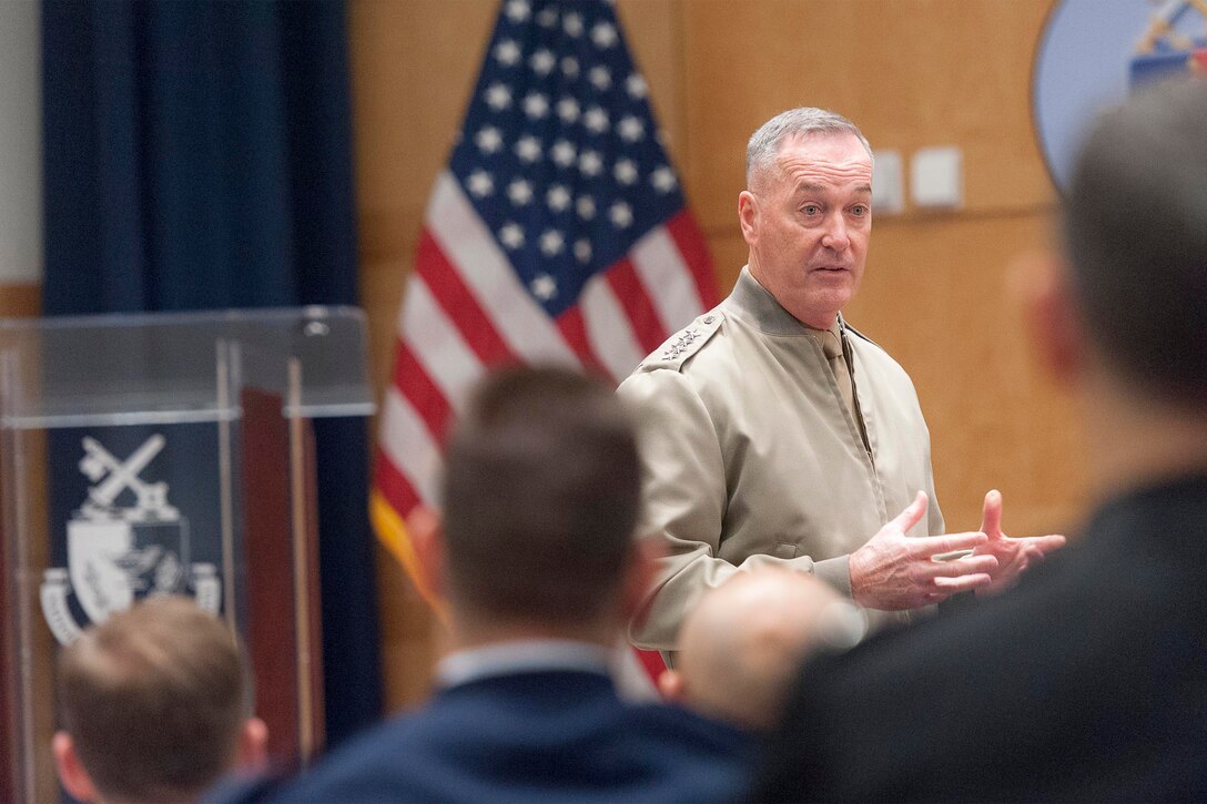 Marine Corps Gen. Joseph F. Dunford Jr., chairman of the Joint Chiefs of Staff, speaks to students and spouses taking a National Defense University Capstone course on Fort McNair in Washington, D.C., Feb. 26, 2016. Navy photo by Petty Officer 2nd Class Dominique Pineiro