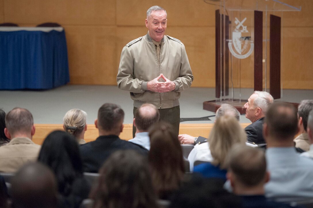 Marine Corps Gen. Joseph F. Dunford Jr., chairman of the Joint Chiefs of Staff, speaks to students and spouses taking a National Defense University Capstone course on Fort McNair in Washington, D.C., Feb. 26, 2016. Navy photo by Petty Officer 2nd Class Dominique Pineiro