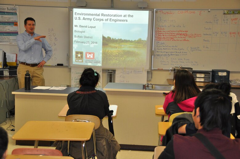 U.S. Army Corps of Engineers (USACE), Buffalo District Biologist David Leput visited Buffalo public Schools West Hertel Academy, Buffalo, NY to discuss the Regulatory and Civil Works Programs, and to educate students on the science of environmental restoration. 