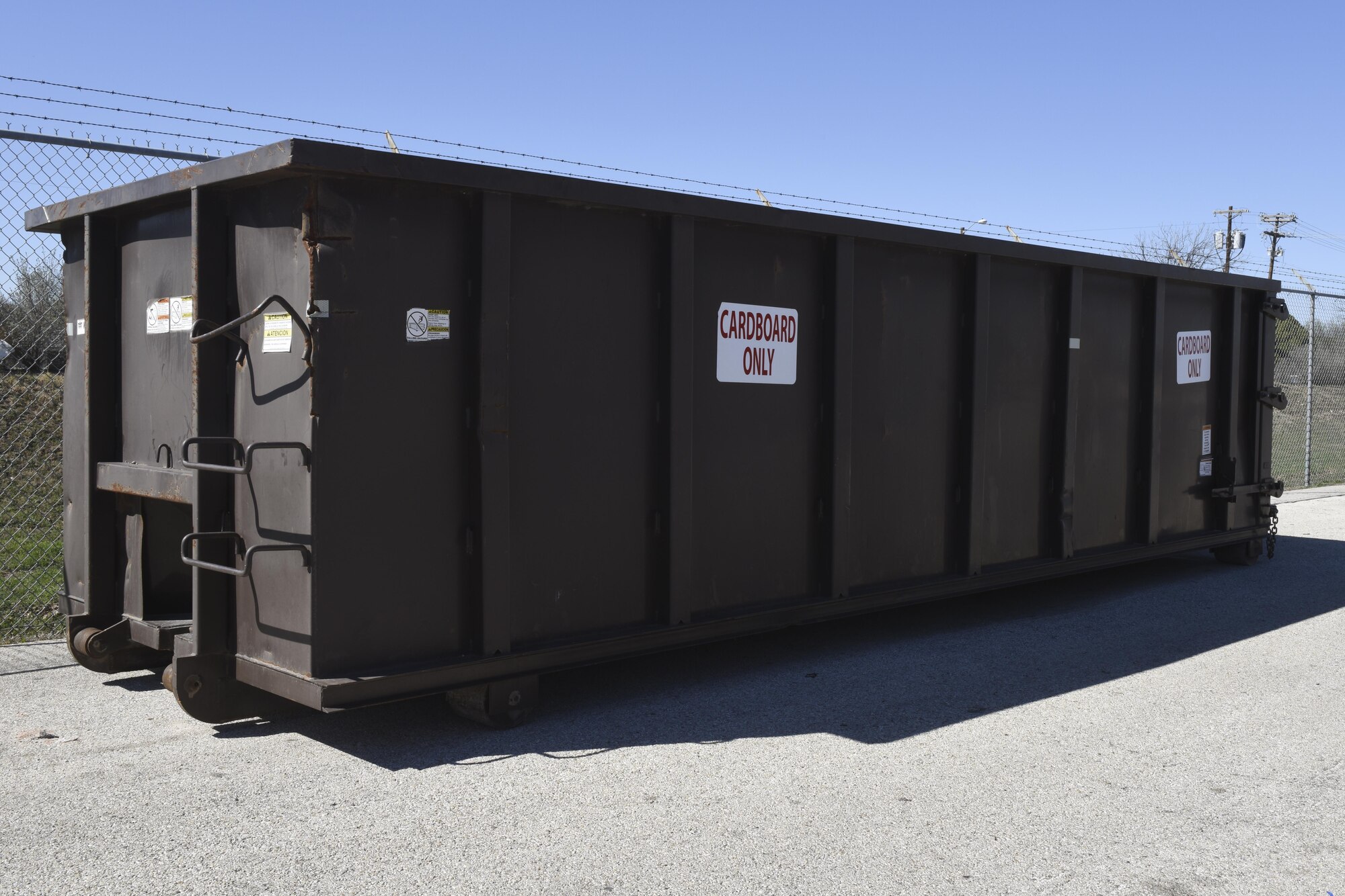A cardboard only recycling bin is located at the Goodfellow Air Force Base Recycling Center at building 516 In accordance with the new Integrated Solid Waste Management Contract; the Goodfellow Recycle Center only recycles metal and cardboard as of March 1, 2016. The new initiative is driven by Air Force policy to only recycle what is required by law. (U.S. Air Force photo by Airman Chase Sousa/Released)