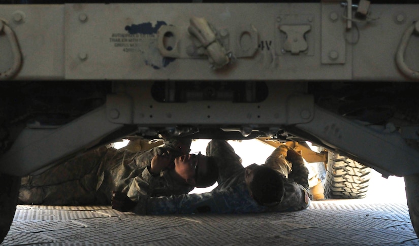 Army mechanics work on the underbelly of a Humvee in the maintenance tent of the 542nd Sustainment Maintenance Company Feb. 18 at Fort Polk, La. The maintenance bay has been home to mechanics from several different units and components during the Joint Readiness Training Center's rotation 16-04 operation. The Soldiers have come together during the exercise to provide maintenance support for the 4th Brigade Combat Team (Airborne). (U.S. Army Photo by Sgt. Aaron Ellerman 204th Public Affairs Detachment/Released)