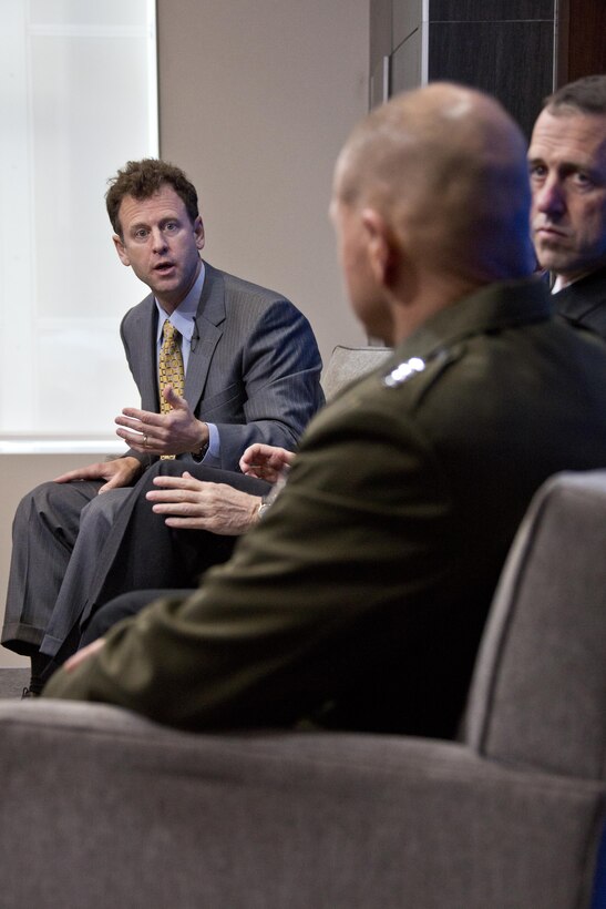 Michael O'Hanlon, senior fellow and co-director with the Center for 21st Century Security and Intelligence, asks Commandant of the Marine Corps Gen. Robert B. Neller, a question at the Brookings Institution, Washington, D.C., Feb. 26, 2016. Neller, the Secretary of the Navy Ray Mabus, and Chief of Naval Operations Adm. John M. Richardson discussed the future maritime concepts, strategies and technologies with O'Hanlon as the moderator. (U.S. Marine Corps photo by Staff Sgt. Gabriela Garcia/Released)