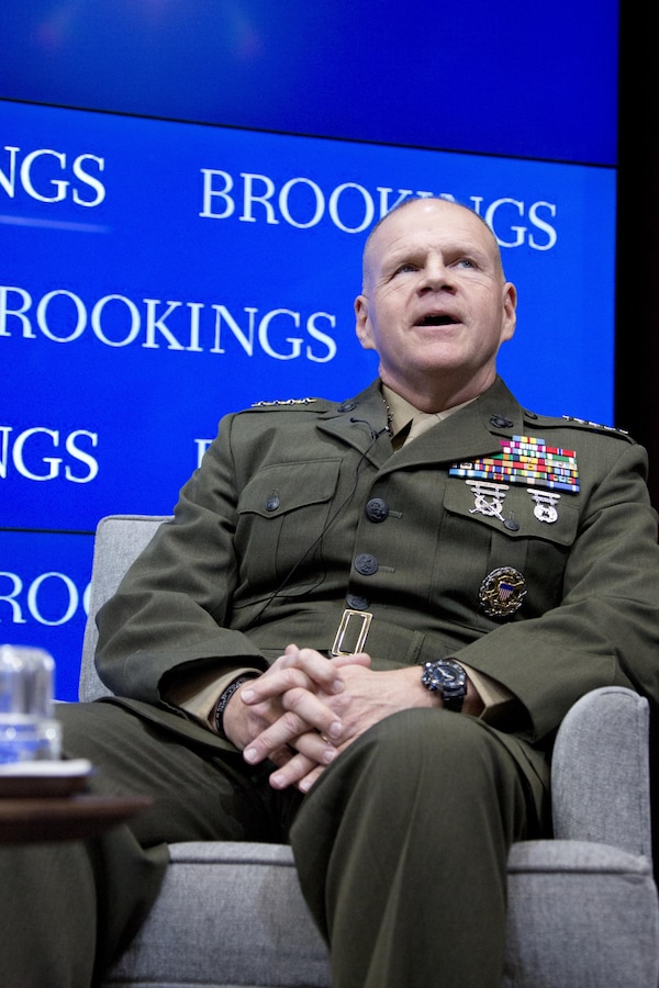 Commandant of the Marine Corps Gen. Robert B. Neller, speaks during an event with the Center for 21st Century Security and Intelligence at the Brookings Institution, Washington, D.C., Feb. 26, 2016. Neller, the Secretary of the Navy Ray Mabus, and Chief of Naval Operations Adm. John M. Richardson discussed the future maritime concepts, strategies and technologies with Michael O'Hanlon as the moderator. (U.S. Marine Corps photo by Staff Sgt. Gabriela Garcia/Released)