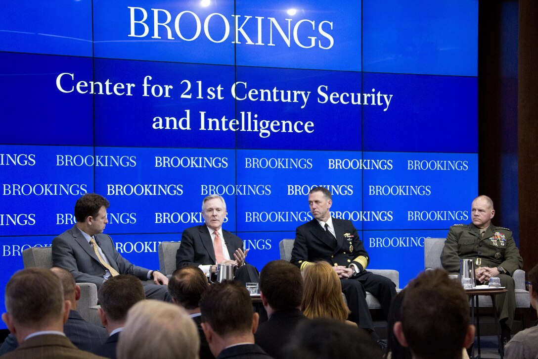 From second left, Secretary of the Navy Ray Mabus, and Chief of Naval Operations Adm. John M. Richardson and Commandant of the Marine Corps Gen. Robert B. Neller, attend the Center for 21st Century Security and Intelligence with Michael O'Hanlon, left, at the Brookings Institution, Washington, D.C., Feb. 26, 2016. Mabus, Richardson, and Neller discussed the future maritime concepts, strategies and technologies with O'Hanlon as the moderator. (U.S. Marine Corps photo by Staff Sgt. Gabriela Garcia/Released)