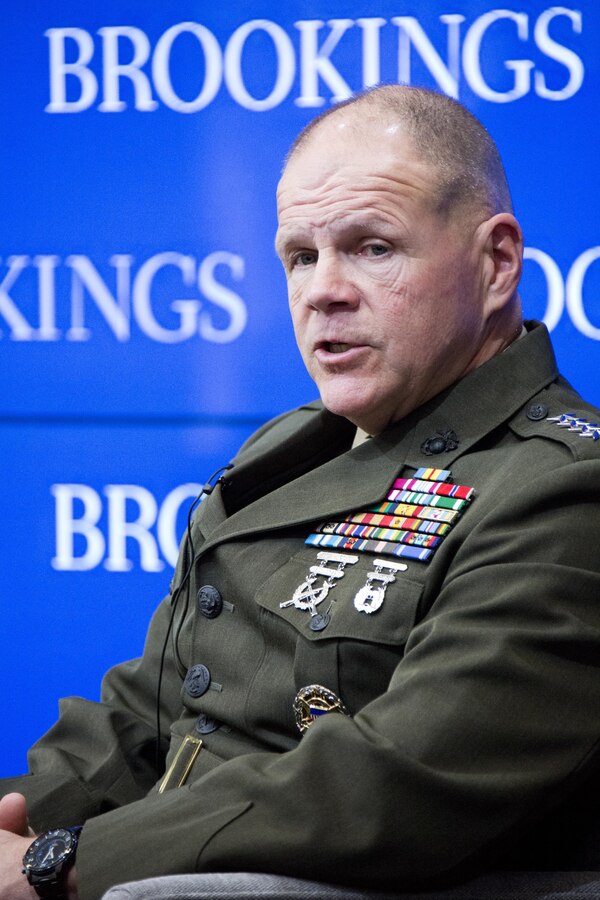 Commandant of the Marine Corps Gen. Robert B. Neller, speaks during an event with the Center for 21st Century Security and Intelligence at the Brookings Institution, Washington, D.C., Feb. 26, 2016. Neller, the Secretary of the Navy Ray Mabus, and Chief of Naval Operations Adm. John M. Richardson discussed the future maritime concepts, strategies and technologies with Michael O'Hanlon as the moderator. (U.S. Marine Corps photo by Staff Sgt. Gabriela Garcia/Released)