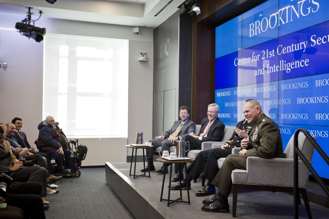 Secretary of the Navy Ray Mabus, and Chief of Naval Operations Adm. John M. Richardson and Commandant of the Marine Corps Gen. Robert B. Neller, attend the Center for 21st Century Security and Intelligence with Michael O'Hanlon, center, at the Brookings Institution, Washington, D.C., Feb. 26, 2016. Mabus, Richardson, and Neller discussed the future maritime concepts, strategies and technologies with O'Hanlon as the moderator. (U.S. Marine Corps photo by Staff Sgt. Gabriela Garcia/Released)