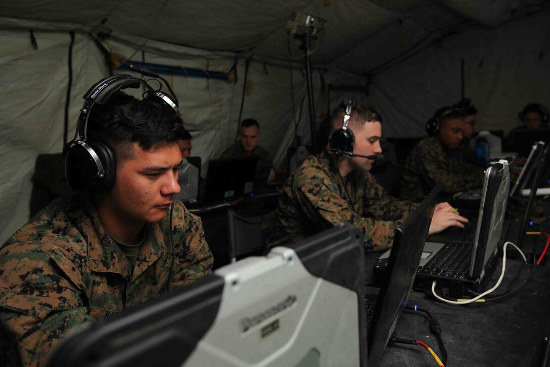 Marines with Marine Air Support Squadron 1 participate in Direct Air Support Center and Tactical Air Command Center Drill 3-16 at Marine Corps Air Station Cherry Point, N.C., Feb. 16, 2016. During the drill, Marines assessed and shaped MASS-1’s new Battle Lab application as continuity of operations for the Wing Operations Center. The Battle Lab is capable of providing a dedicated, continuous training system for MASS-1 and Marine Air Command Group 28 that will enable integration between fellow Marine Air Command and Control System agencies. (U.S. Marine Corps photo by Pfc. Nicholas P. Baird/Released)