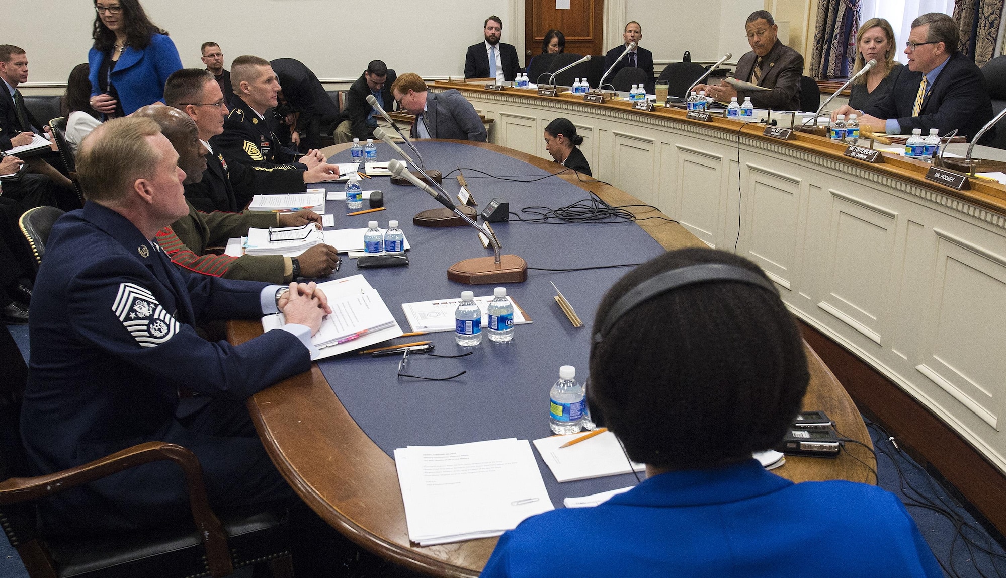 Chief Master Sgt. of the Air Force James A. Cody testifies on Capitol Hill before the House Appropriations Committee’s Subcommittee on Military Construction and Veterans Affairs Feb. 26, 2016, in Washington, D.C. The oversight hearing was being held to learn about quality of life in the military concerns from each of the service's senior most enlisted members. During his opening statement Cody stressed the cumulative impacts of sequestered and reduced budgets on the compensation and quality of life of Airmen and their families. Cody stressed that the Airmen who serve today do so freely, proudly and voluntarily because they believe in what America stands for and are ready to defend its cause. He added that our nation must honor that commitment by providing for them and their families. (U.S. Air Force photo/Jim Varhegyi)