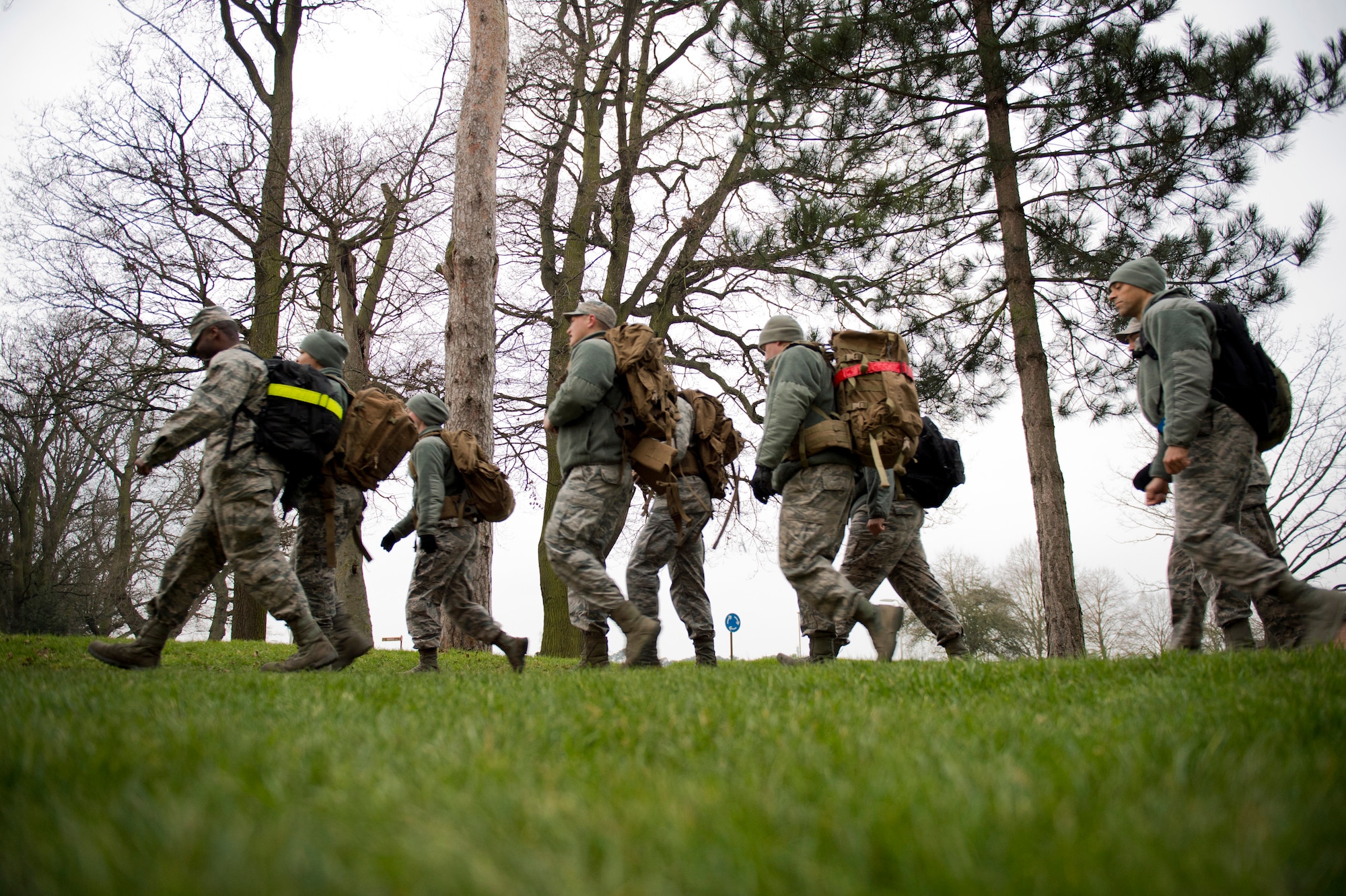 Airmen from the 48th and 100th Security Forces Squadrons, as well as the 48th Communications Squadron participate in a ruck march at Royal Air Force Lakenheath, England, Feb. 25, 2016. The ruck march bolstered camaraderie amongst the participants and physical fitness. (U.S. Air Force photo/Airman 1st Class Erin R. Babis)