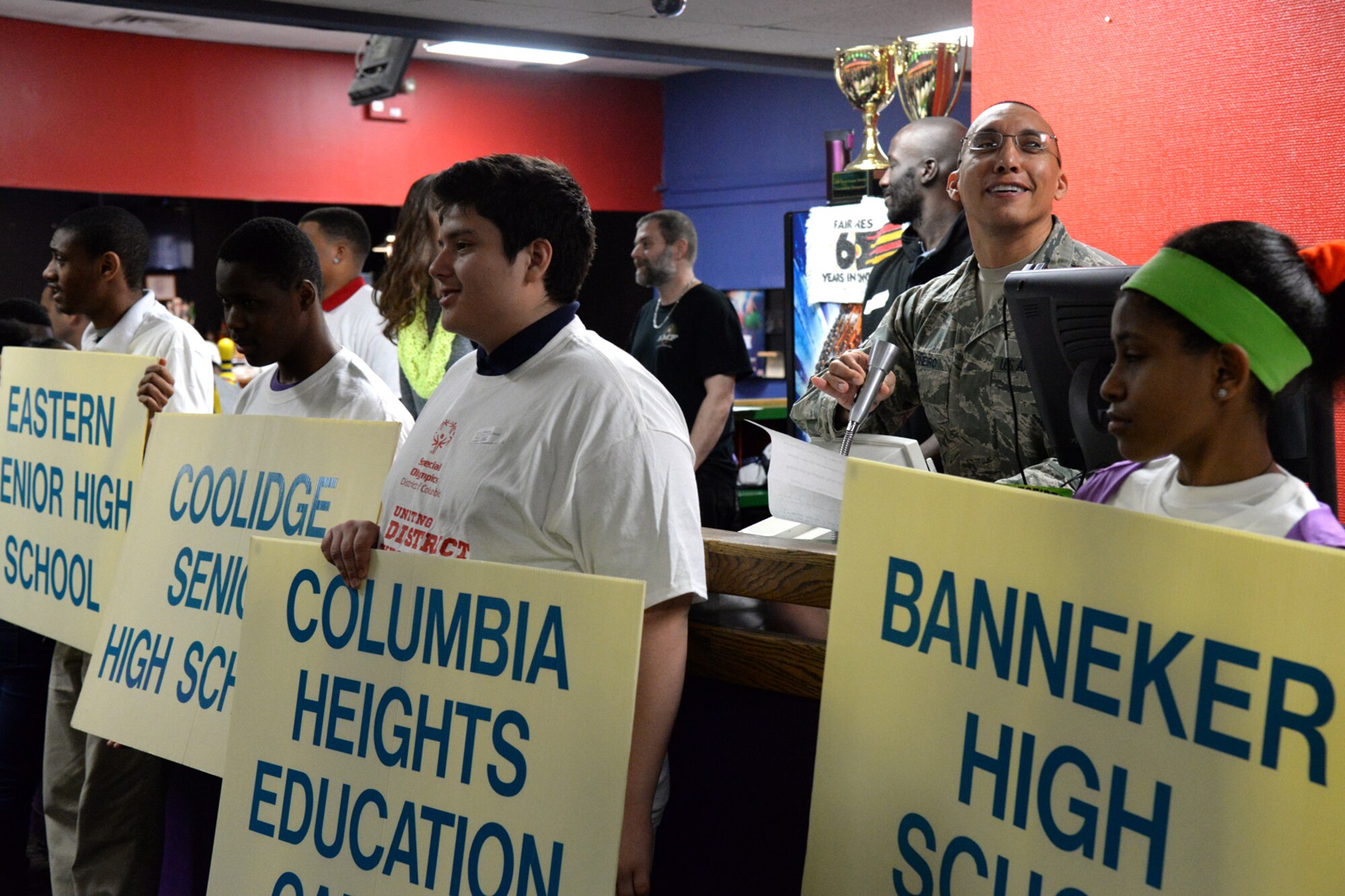 Air Force District of Washington First Sergeant Chief Master Sgt. Manny Pineiro recites the volunteer’s creed during the D.C. Special Olympics Bowling Championship in Hyattsville, Md., Feb. 25, 2016. More than 70 Airmen from across the National Capital Region volunteered to support athletes competing in the event. (U.S. Air Force photo/Tech. Sgt. Matt Davis)