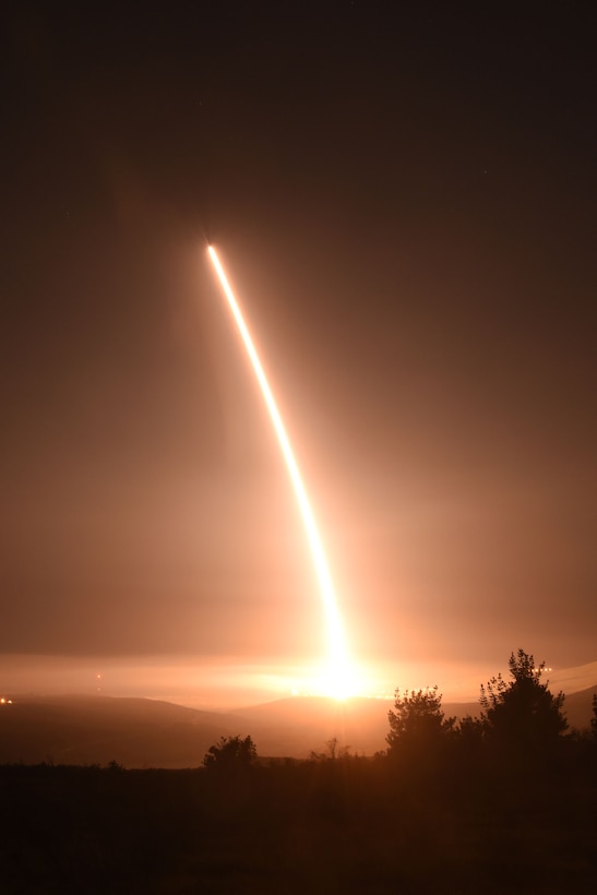 An unarmed Minuteman III intercontinental ballistic missile launches during an operational test at 11:01 p.m. PST here, Feb. 25, 2016. Col. J. Christopher Moss, 30th Space Wing commander, was the launch decision authority (U.S. Air Force photo by Staff Sgt. Jim Araos/Released).
