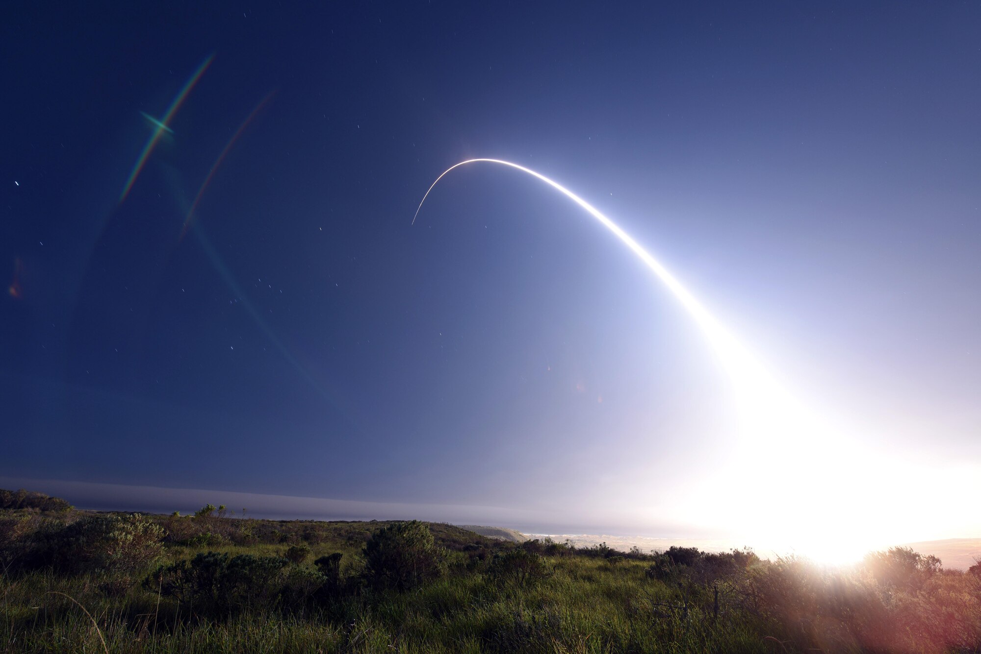 An unarmed Minuteman III intercontinental ballistic missile launches during an operational test at 11:01 p.m. Thursday, Feb. 25, 2016, Vandenberg Air Force Base, Calif. Col. J. Christopher Moss, 30th Space Wing commander, was the launch decision authority. (U.S. Air Force photo by Senior Airman Kyla Gifford/Released)
