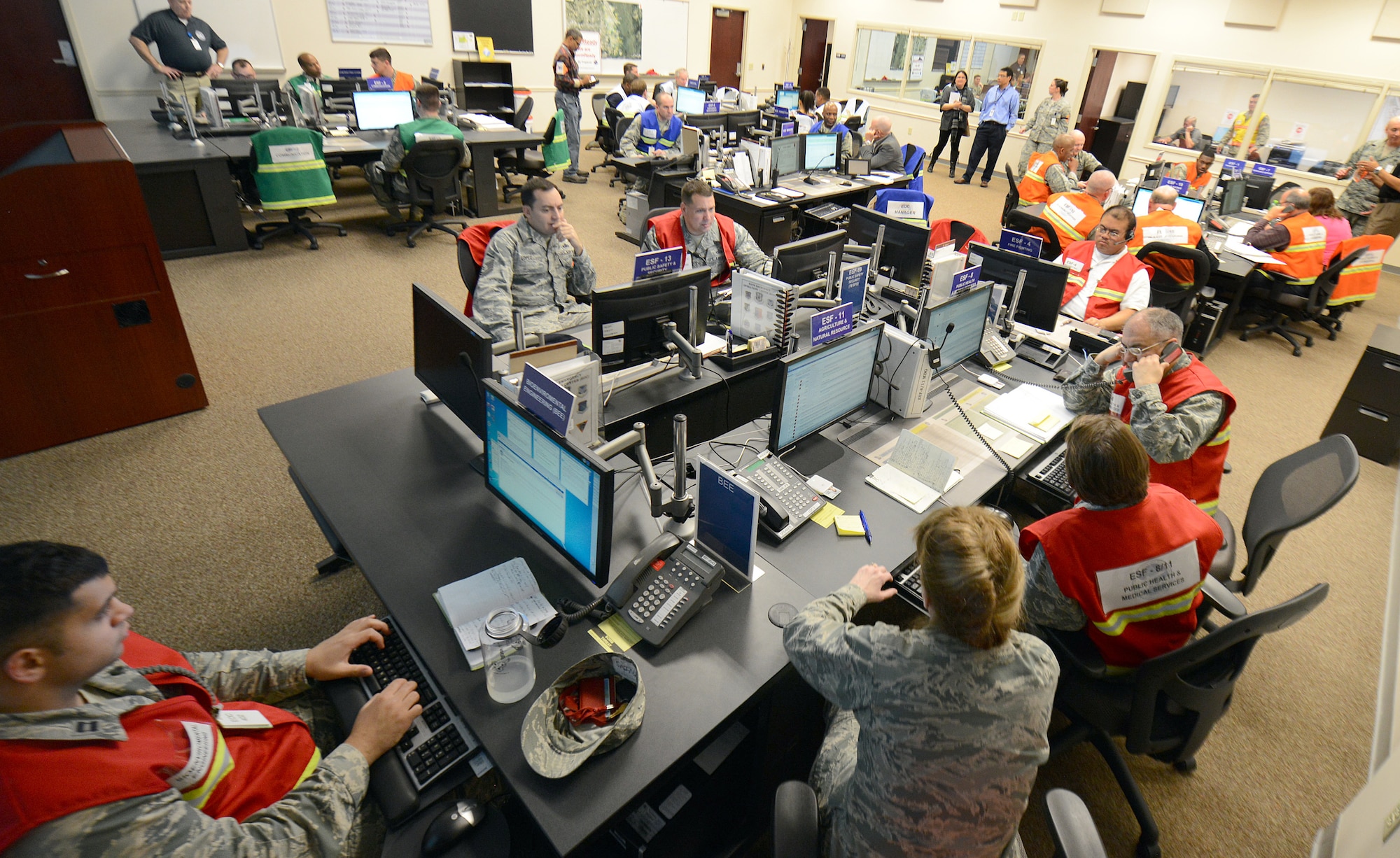 The Robins Emergency Operations Center is a beehive of activity during exercise operations Tuesday. (U.S. Air Force photo by Tommie Horton)