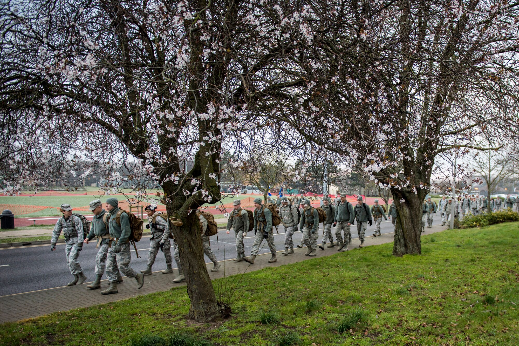 Airmen from the 48th and 100th Security Forces Squadrons, as well as the 48th Communications Squadron participate in a ruck march at Royal Air Force Lakenheath, England, Feb. 25, 2016. The ruck march bolstered camaraderie amongst the participants and physical fitness. (U.S. Air Force photo/Airman 1st Class Erin R. Babis)