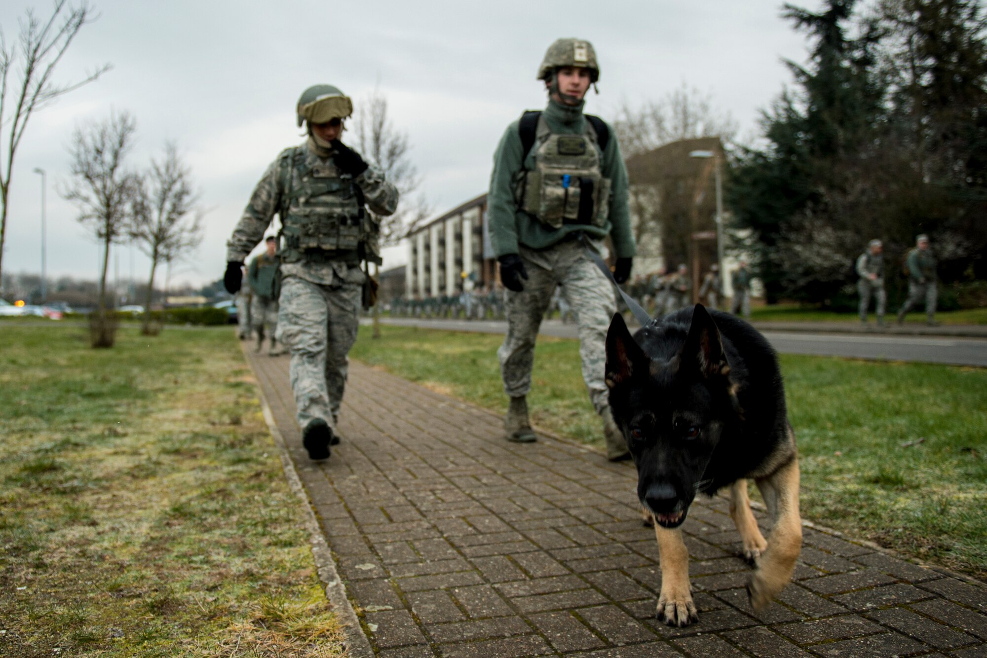 Airmen from the 48th and 100th Security Forces Squadrons, as well as the 48th Communications Squadron participate in a ruck march at Royal Air Force Lakenheath, England, Feb. 25, 2016. The ruck march bolstered camaraderie amongst the participants and physical fitness. (U.S. Air Force photo/Airman 1st Class Erin R. Babis)