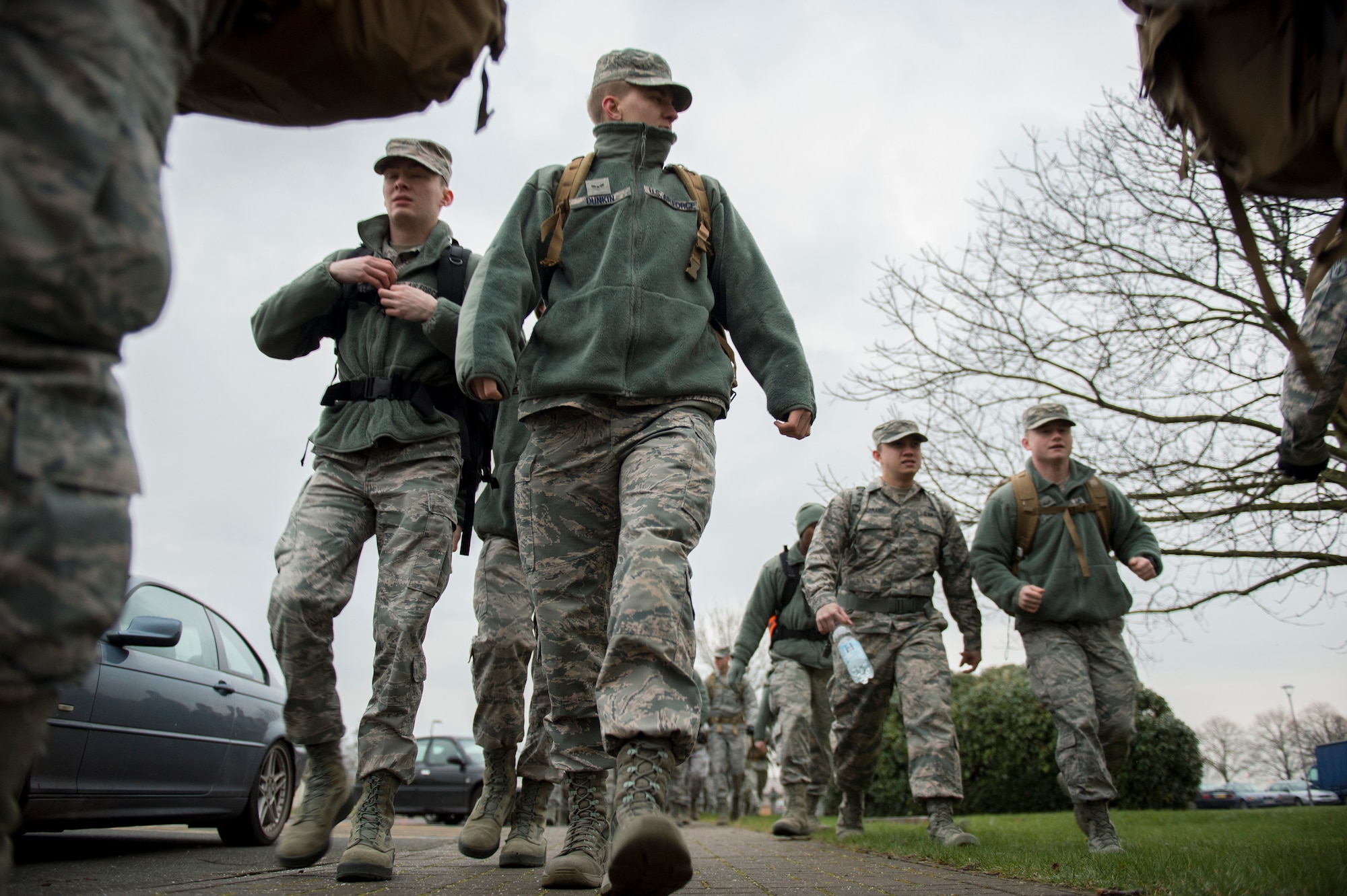 Airmen from the 48th and 100th Security Forces Squadrons, as well as the 48th Communications Squadron participate in a ruck march at Royal Air Force Lakenheath, England, Feb. 25, 2016. The ruck march bolstered camaraderie amongst the participants and physical fitness. (U.S. Air Force photo/Airman 1st Class Erin R. Babis)