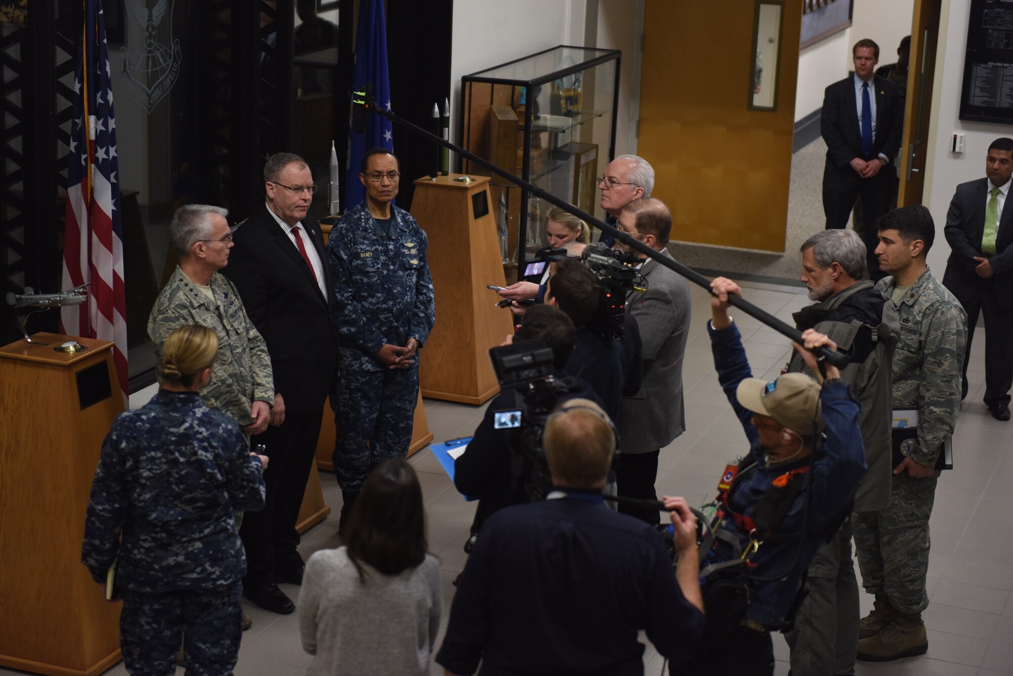 Robert O. Work, Deputy Secretary of Defense, Gen. Paul J. Selva, Joint Chiefs of Staff vice chairman and Adm. Cecil D. Haney, U.S. Strategic Command commander, field questions from media members during a press conference, Feb. 25, 2016, Vandenberg Air Force Base, Calif. During Work’s visit to Vandenberg, he toured the 576th Flight Test Squadron’s launch support center to learn more about the intercontinental ballistic missile test mission before seeing a Minuteman III ICBM test launch. He also met with members of the 91st Missile Wing who helped execute the test launch and held a press conference to address his views on leadership, nuclear deterrence and space capabilities. (U.S. Air Force photo by Airman 1st Class Robert J. Volio/Released)