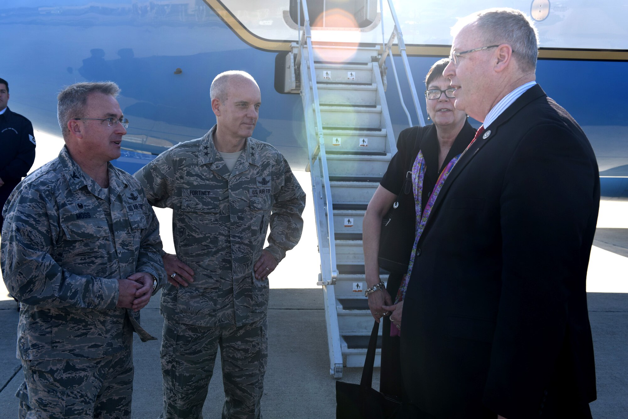 Col. J. Christopher Moss, 30th Space Wing commander and Maj. Gen. Michael E. Fortney, Air Force Global Strike Command vice commander, greet Robert O. Work, Deputy Secretary of Defense, and his wife Cassandra upon their arrival, Feb. 25, 2016, Vandenberg Air Force Base, Calif. During Work’s visit to Vandenberg, he toured the 576th Flight Test Squadron’s launch support center to learn more about the intercontinental ballistic missile test mission before seeing a Minuteman III ICBM test launch. He also met with members of the 91st Missile Wing who helped execute the test launch and held a press conference to address his views on leadership, nuclear deterrence and space capabilities. (U.S. Air Force photo by Airman 1st Class Robert J. Volio/Released)