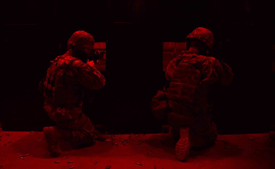 Airmen assigned to the 341st Security Forces Group participate in a night-firing training exercise at the Combat Arms Training and Maintenance range Feb. 24, 2016, at Malmstrom Air Force Base, Mont. Defenders train constantly to be able to respond quickly and effectively to simulated and real-world scenarios. (U.S. Air Force photo/Airman Daniel Brosam)