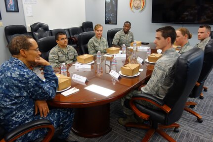 U.S. Navy Adm. Cecil D. Haney, U.S. Strategic Command (USSTRATCOM) commander (left); has lunch with Airmen at Vandenberg Air Force Base, Calif., Feb. 26, 2016, during his visit to watch an unarmed Minuteman III intercontinental ballistic missile (ICBM) test launch. The 91st Missile Wing at Minot Air Force Base, N.D., and the 625th Strategic Operations Squadron at Offutt AFB, Neb., conducted the launch with the support of the 576th Flight Test Squadron at Vandenberg AFB. Strategic weapons tests support USSTRATCOMâ€™s strategic deterrence mission by verifying the accuracy and reliability of the ICBM weapon system, and provide valuable data to ensure a continued safe, secure, effective and ready nuclear deterrent. The ICBM community, including the Department of Defense, the Department of Energy, and USSTRATCOM will use the data collected from this mission for force development. One of nine DoD unified combatant commands, USSTRATCOM has global strategic missions, assigned through the Unified Command Plan, which include strategic deterrence; space operations; cyberspace operations; joint electronic warfare; global strike; missile defense; intelligence, surveillance and reconnaissance; combating weapons of mass destruction; and analysis and targeting. (USSTRATCOM photo by U.S. Navy Capt. Pamela S. Kunze)