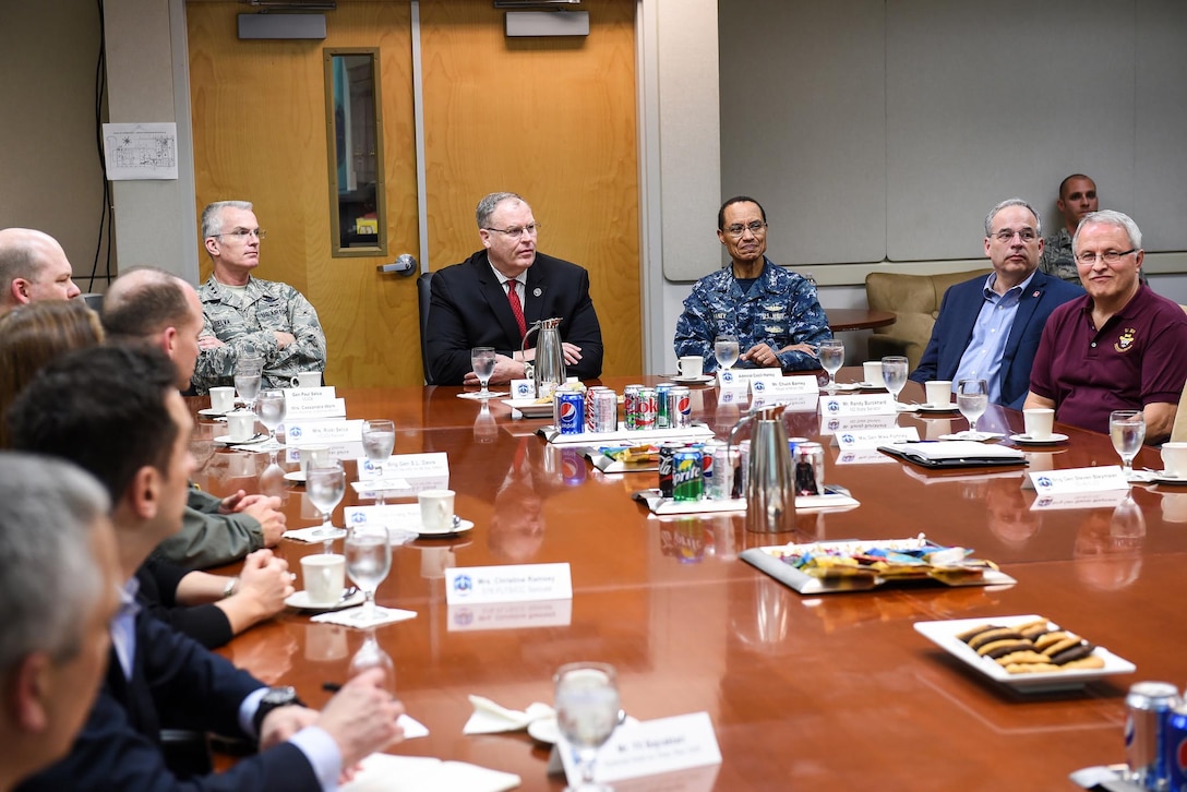 Deputy Defense Secretary Bob Work, center, Air Force Gen. Paul J. Selva, left, vice chairman of the Joint Chiefs of Staff, and Navy Adm. Cecil D. Haney, commander of U.S. Strategic Command, listen to a briefing about an unarmed Minuteman 3 nuclear missile test on Vandenberg Air Force Base, Calif., Feb. 25, 2016. DoD photo by Army Sgt. 1st Class Clydell Kinchen