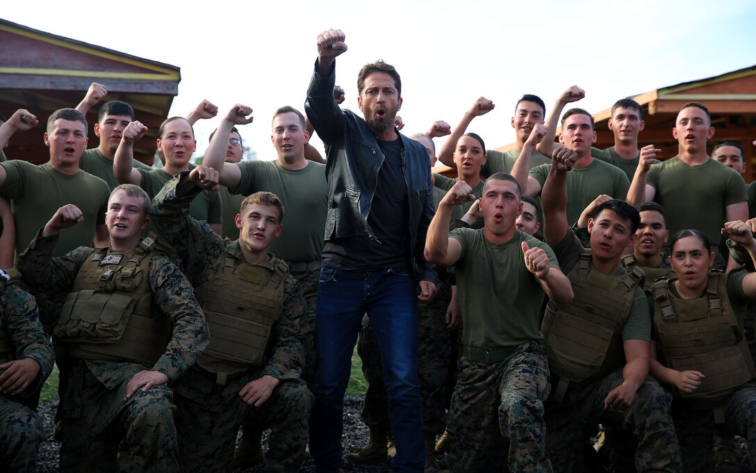 Gerard Butler visits Camp Pendleton to showcase his new movie London has Fallen at the Base Theatre aboard Camp Pendleton, Feb. 26, 2016. Camp Pendleton Marines also demonstrated Marine Corps Martial Arts Program techniques for Butler. (Marine Corps Photo by Pfc. Emmanuel Necoechea/RELEASED) 