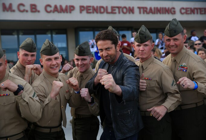 Gerard Butler visits Camp Pendleton to showcase his new movie London has Fallen at the Base Theatre aboard Camp Pendleton, Feb. 26, 2016. Camp Pendleton Marines also demonstrated Marine Corps Martial Arts Program techniques for Butler. (Marine Corps Photo by Pfc. Emmanuel Necoechea/RELEASED) 