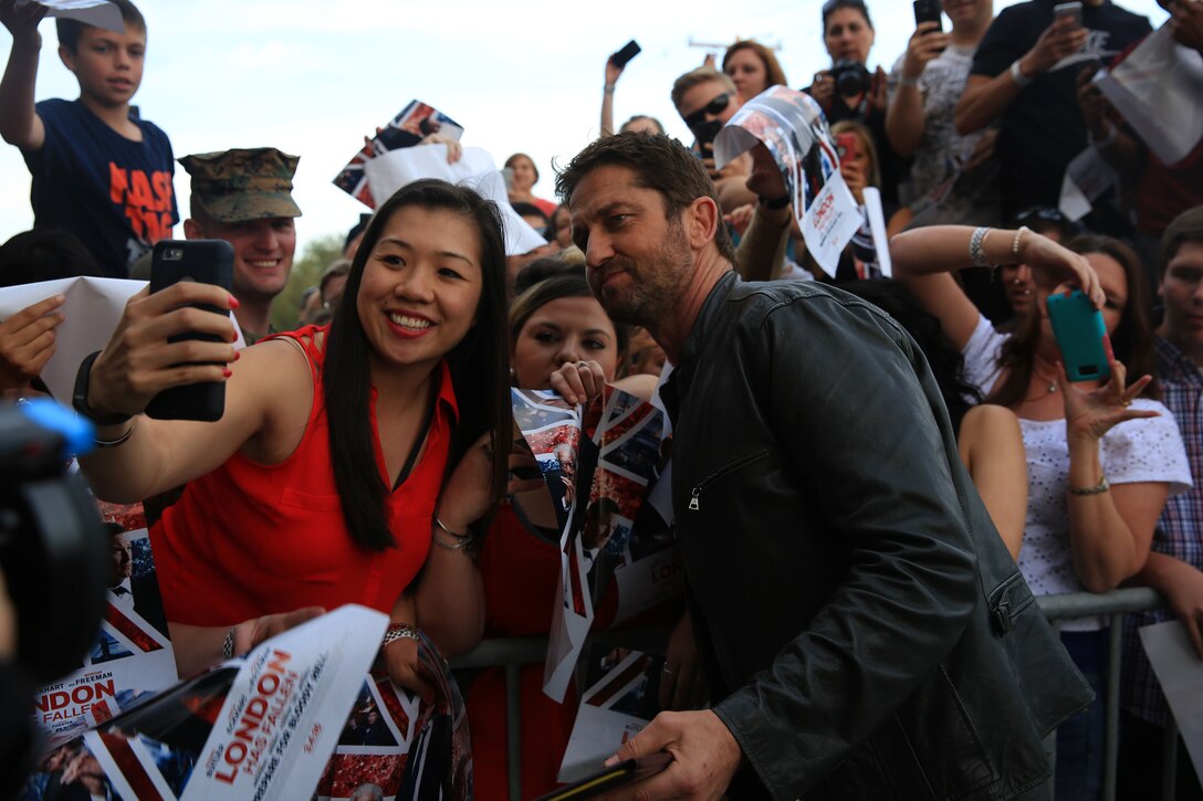 CAMP PENDLETON, Calif. – Gerard Butler visits Camp Pendleton to showcase his new movie London has Fallen at the Base Theatre aboard Camp Pendleton, Feb. 26, 2016. Camp Pendleton Marines also demonstrated Marine Corps Martial Arts Program techniques for Butler. (Marine Corps Photo by Pfc. Emmanuel Necoechea/RELEASED) 