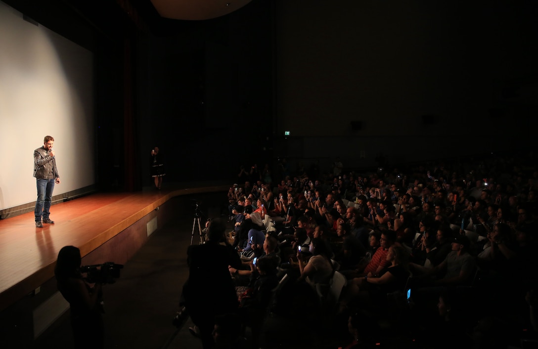 CAMP PENDLETON, Calif. – Gerard Butler visits Camp Pendleton to showcase his new movie London has Fallen at the Base Theatre aboard Camp Pendleton, Feb. 26, 2016. Camp Pendleton Marines also demonstrated Marine Corps Martial Arts Program techniques for Butler. (Marine Corps Photo by Pfc. Emmanuel Necoechea/RELEASED) 
