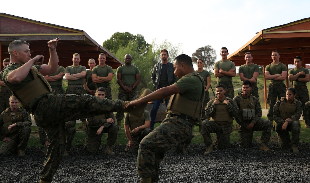 Gerard Butler visits Camp Pendleton to showcase his new movie London has Fallen at the Base Theatre aboard Camp Pendleton, Feb. 26, 2016. Camp Pendleton Marines also demonstrated Marine Corps Martial Arts Program techniques for Butler. (Marine Corps Photo by Pfc. Emmanuel Necoechea/RELEASED) 